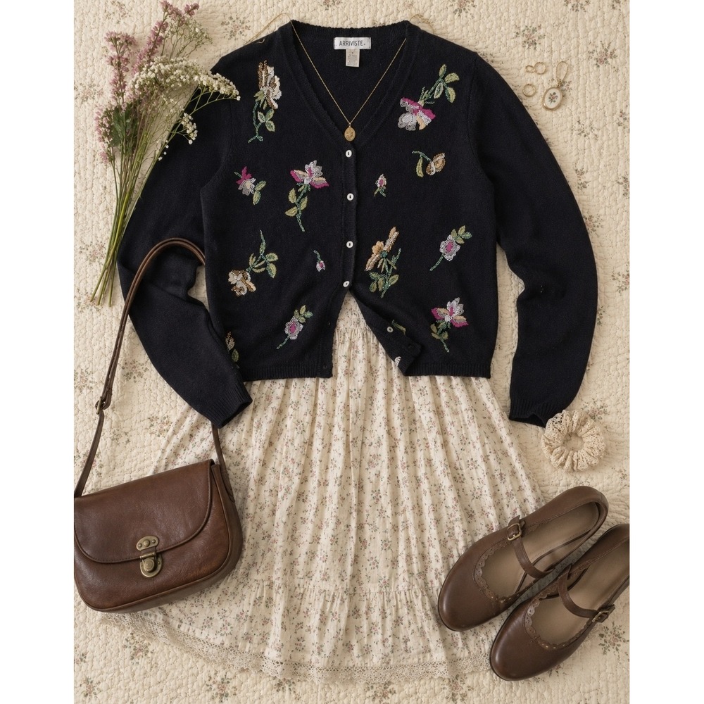 Vintage Arriviste Black Floral Beaded Cardigan Sweater Cotton Blend Size Medium